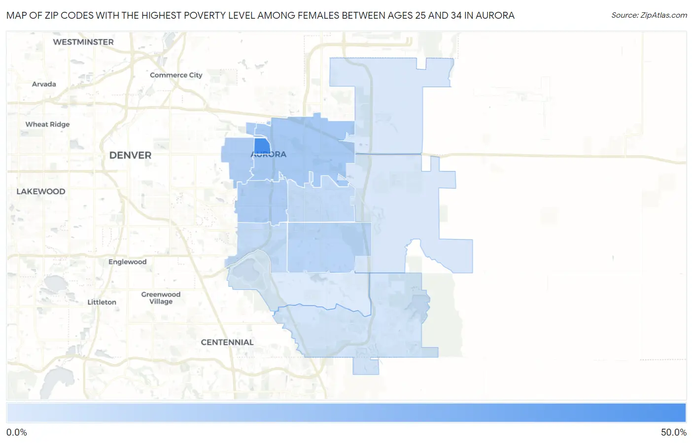 Zip Codes with the Highest Poverty Level Among Females Between Ages 25 and 34 in Aurora Map