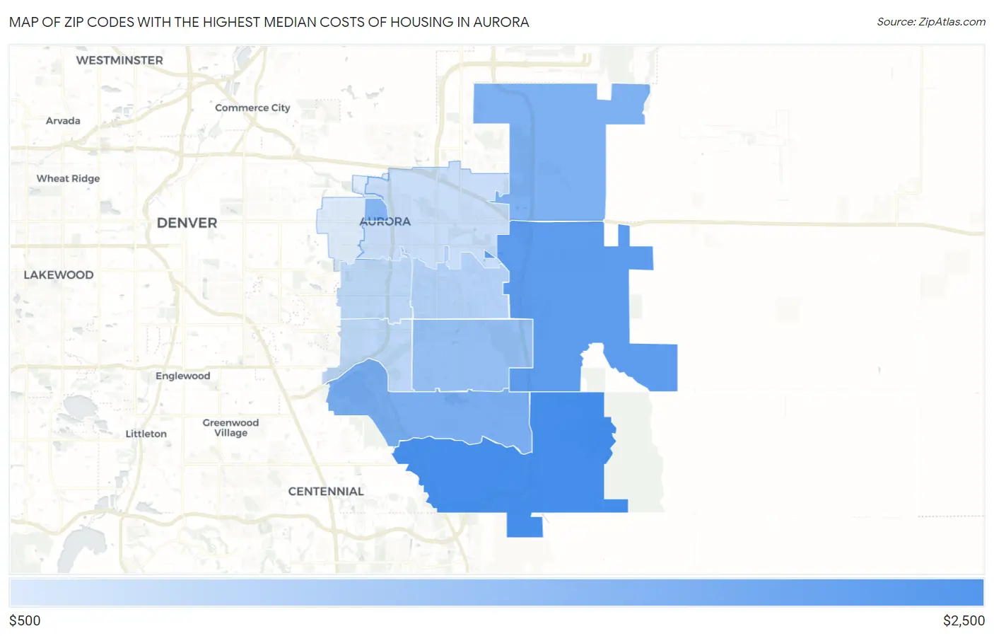Zip Codes with the Highest Median Costs of Housing in Aurora Map