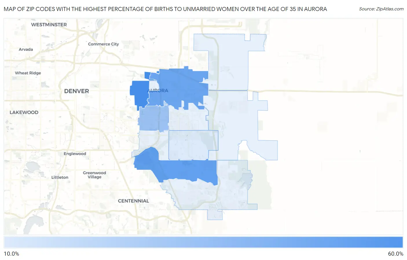 Zip Codes with the Highest Percentage of Births to Unmarried Women over the Age of 35 in Aurora Map