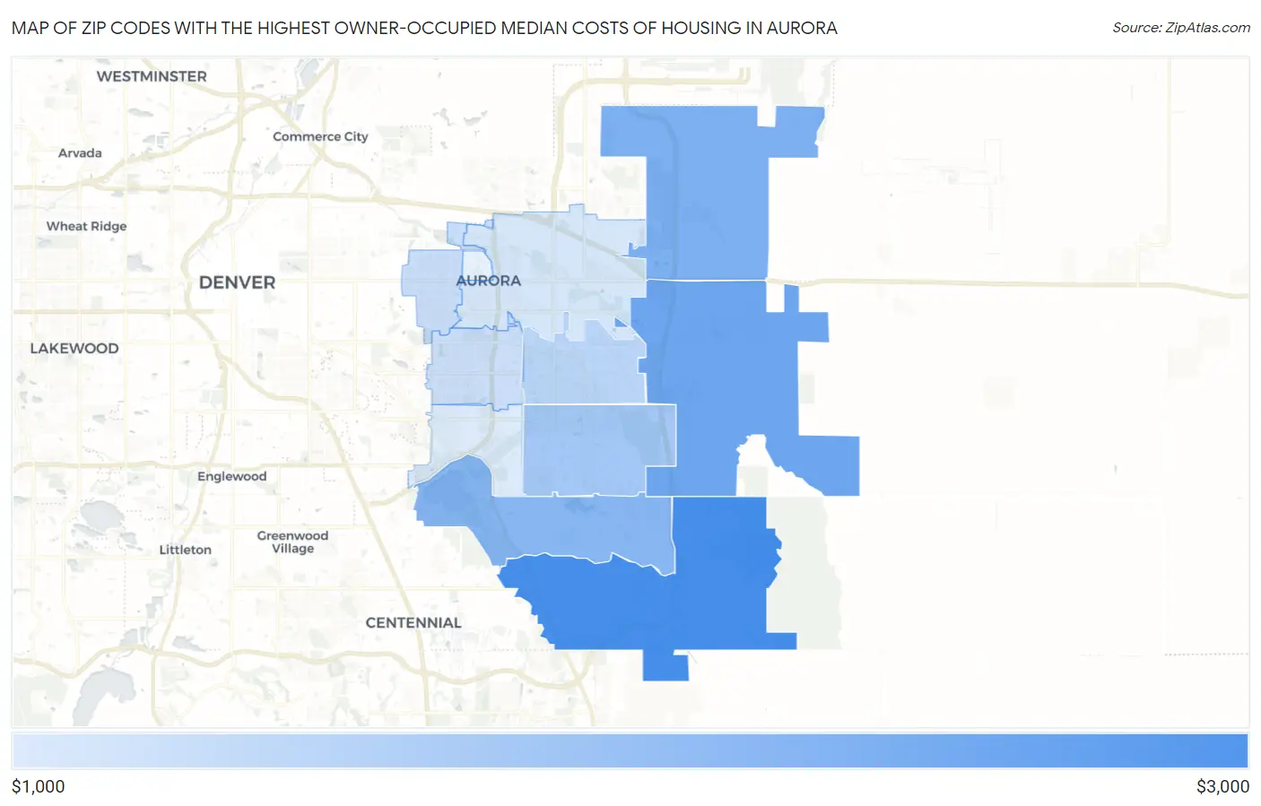 Zip Codes with the Highest Owner-Occupied Median Costs of Housing in Aurora Map