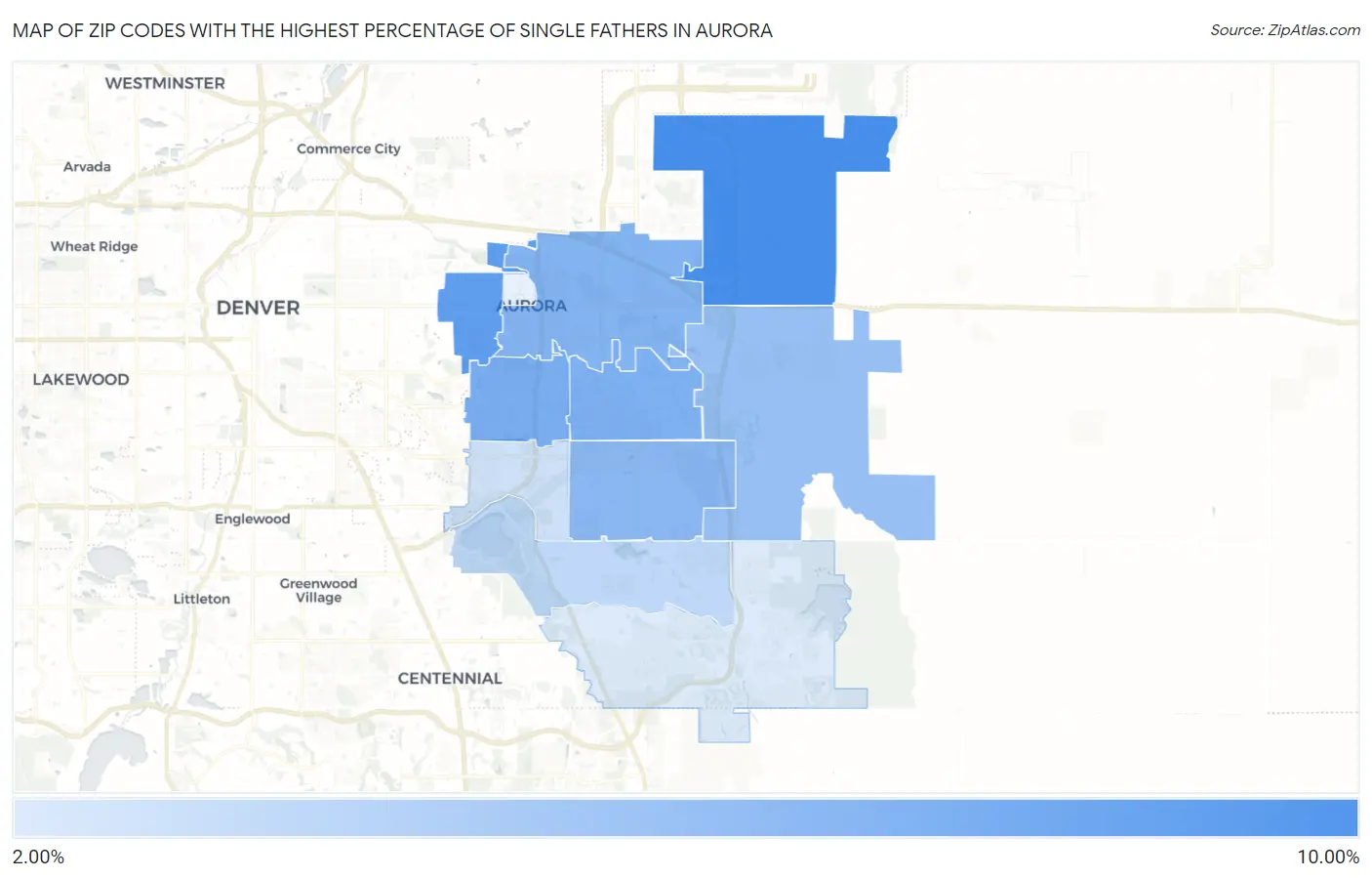 Zip Codes with the Highest Percentage of Single Fathers in Aurora Map