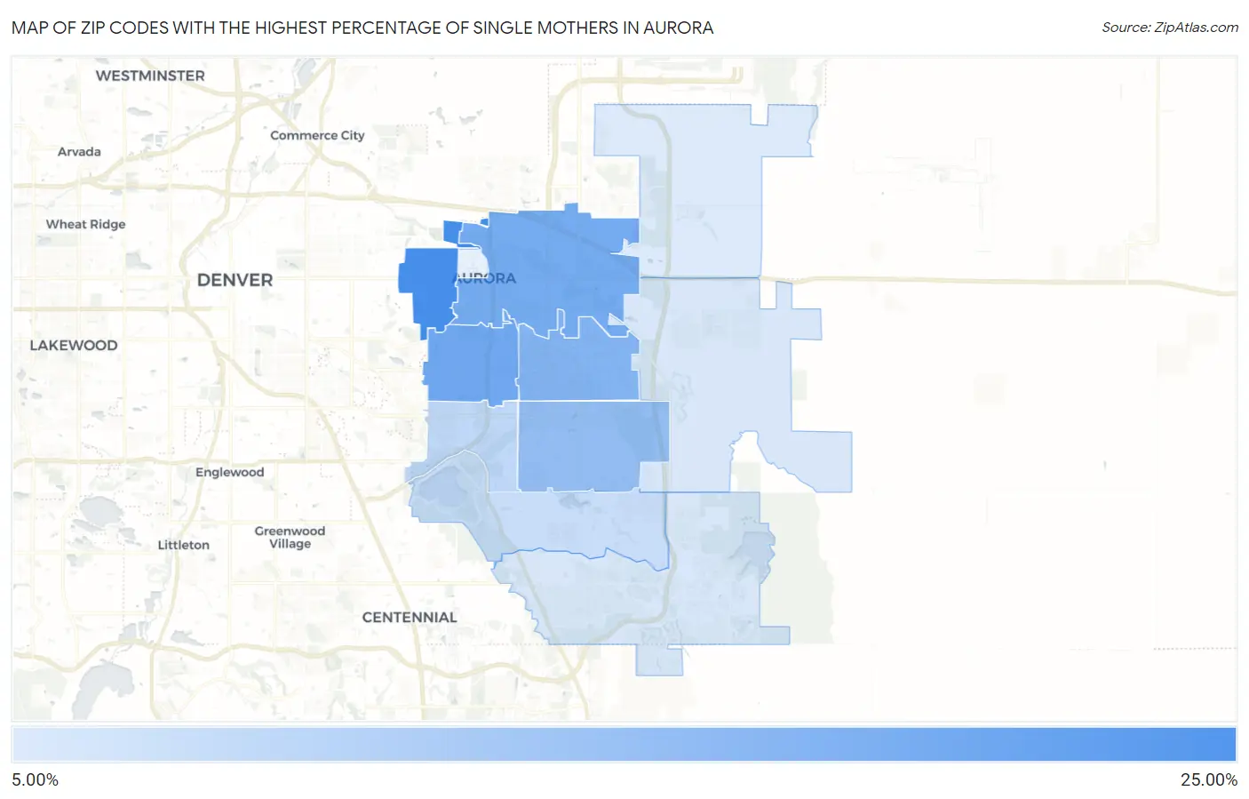 Zip Codes with the Highest Percentage of Single Mothers in Aurora Map