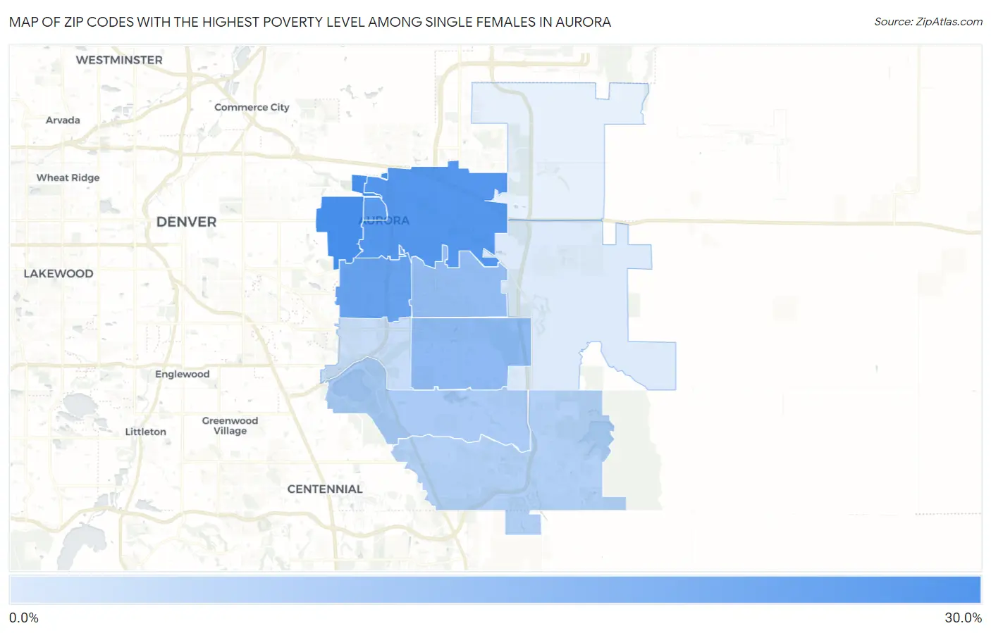 Zip Codes with the Highest Poverty Level Among Single Females in Aurora Map