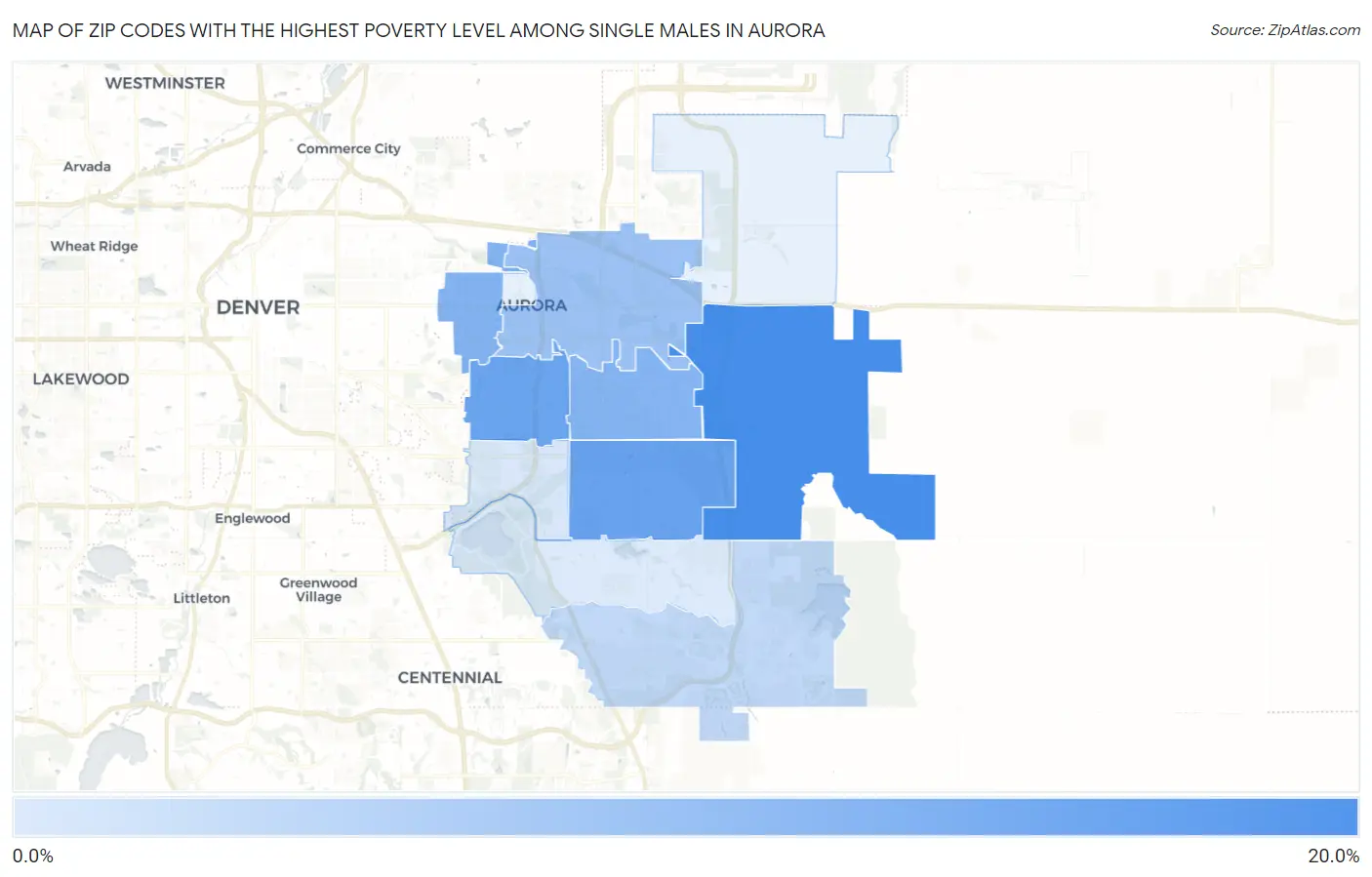 Zip Codes with the Highest Poverty Level Among Single Males in Aurora Map
