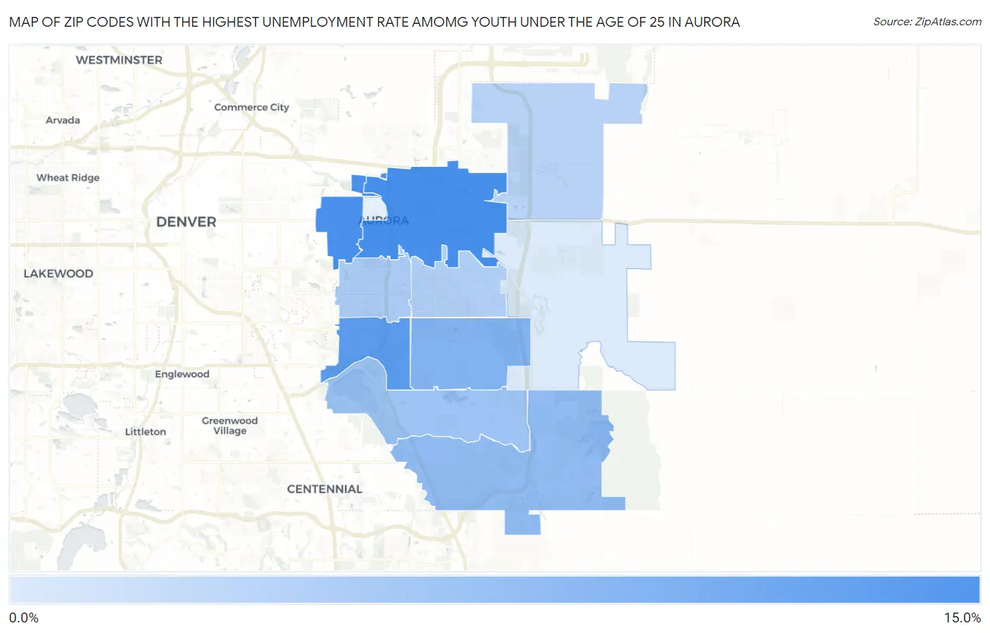 Zip Codes with the Highest Unemployment Rate Amomg Youth Under the Age of 25 in Aurora Map