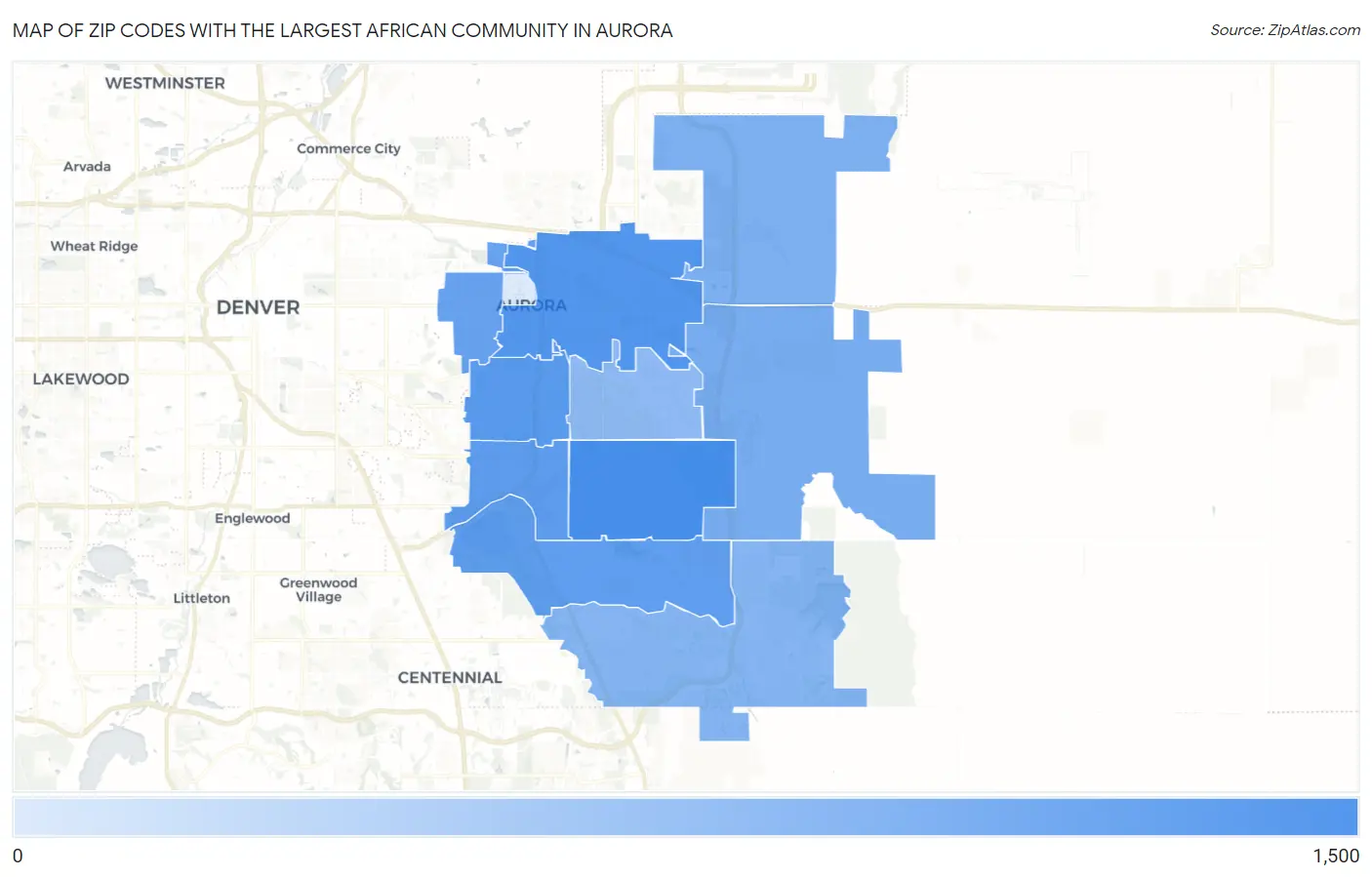 Zip Codes with the Largest African Community in Aurora Map