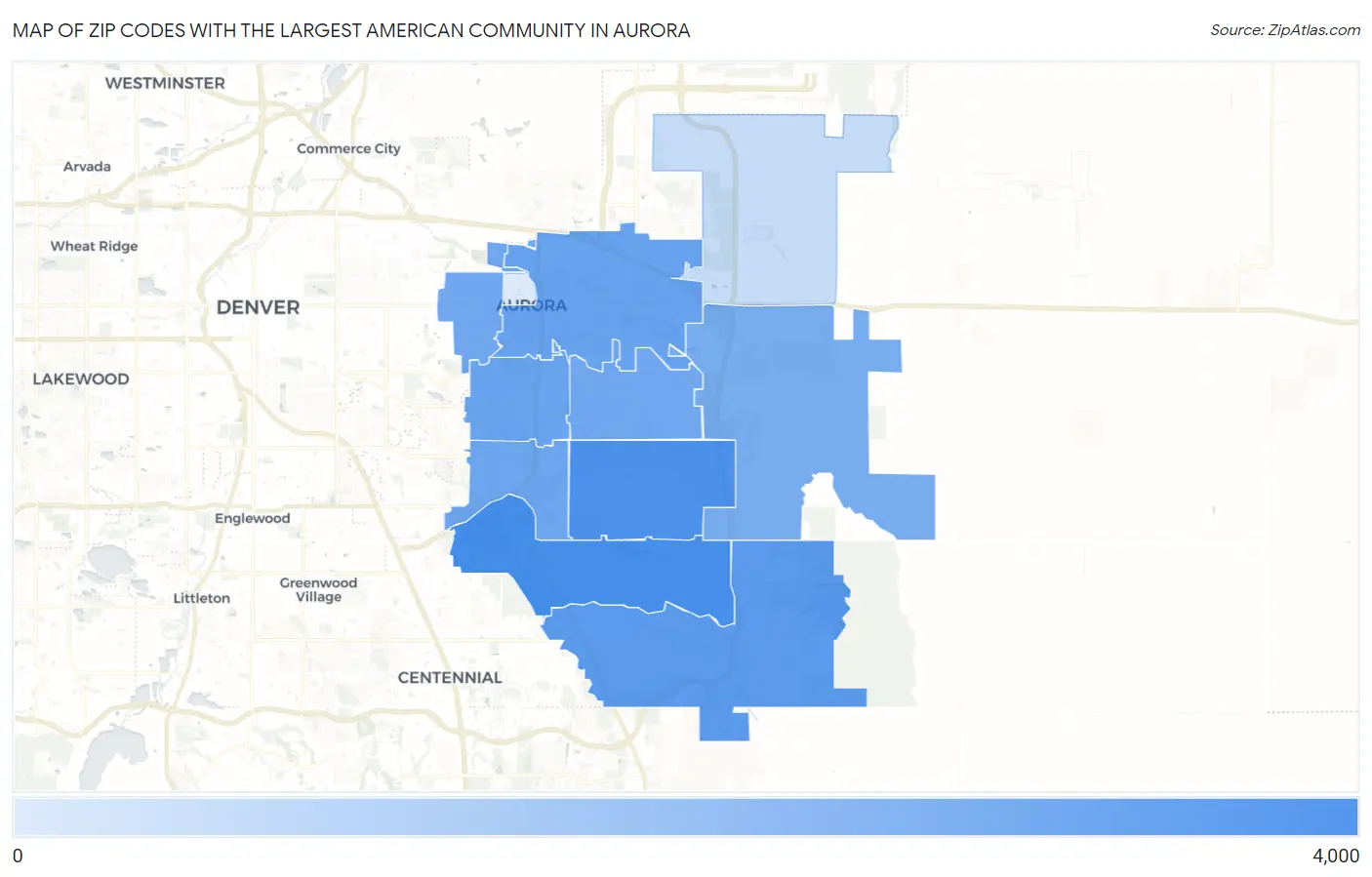 Zip Codes with the Largest American Community in Aurora Map