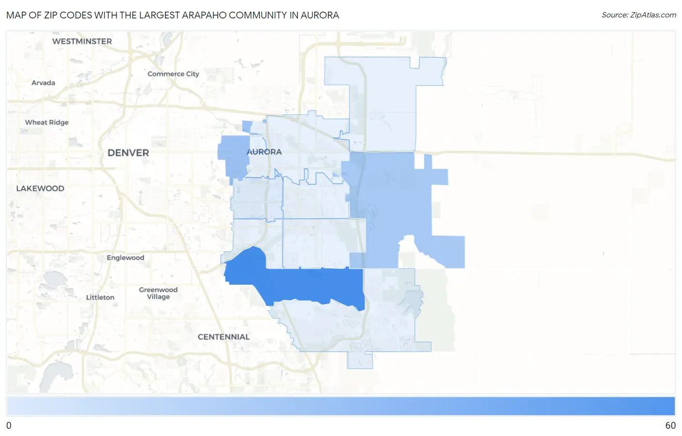 Zip Codes with the Largest Arapaho Community in Aurora Map