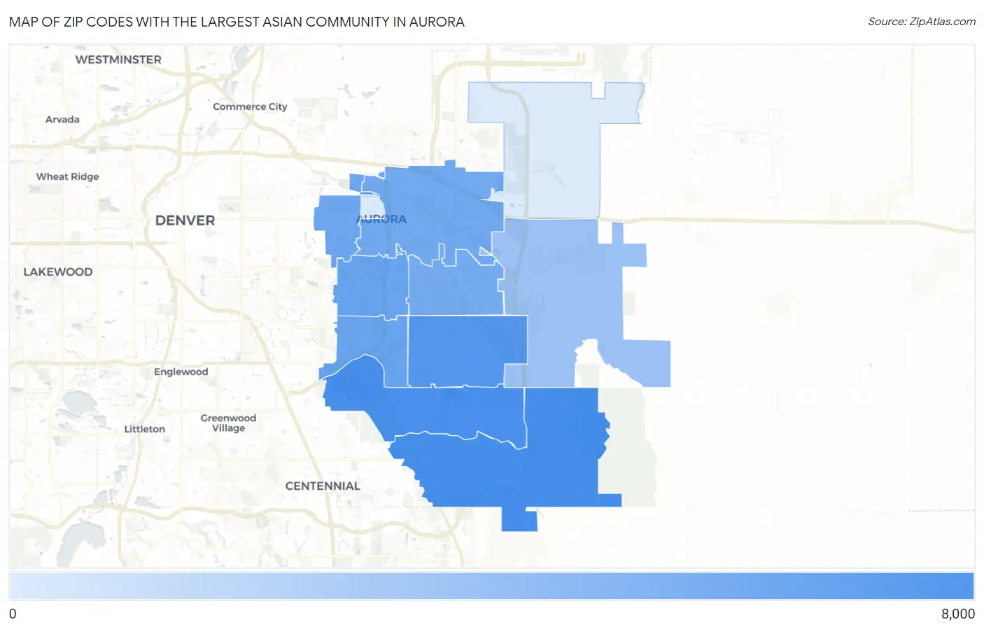 Zip Codes with the Largest Asian Community in Aurora Map