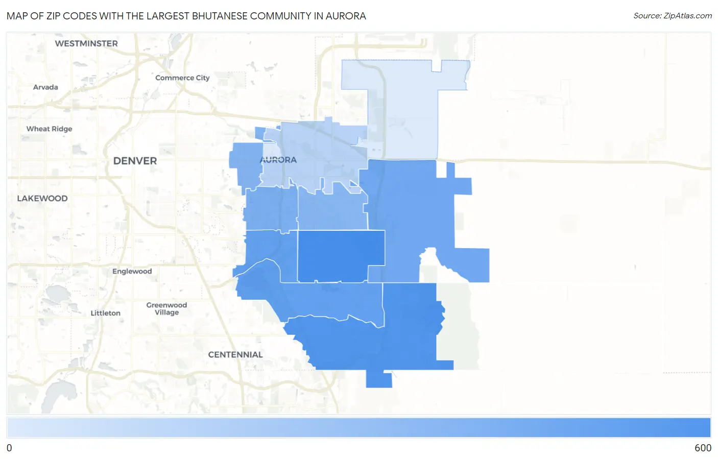 Zip Codes with the Largest Bhutanese Community in Aurora Map