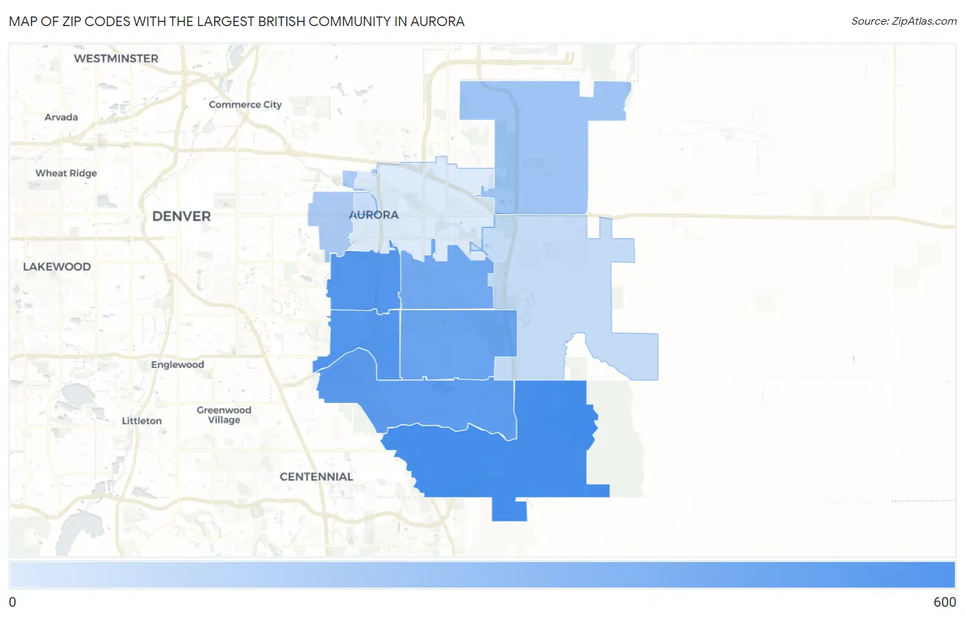 Zip Codes with the Largest British Community in Aurora Map