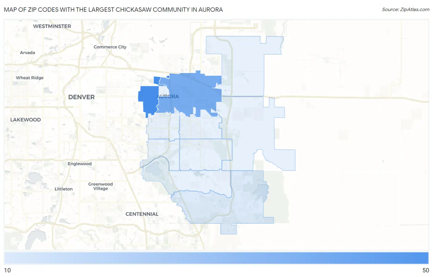 Zip Codes with the Largest Chickasaw Community in Aurora Map