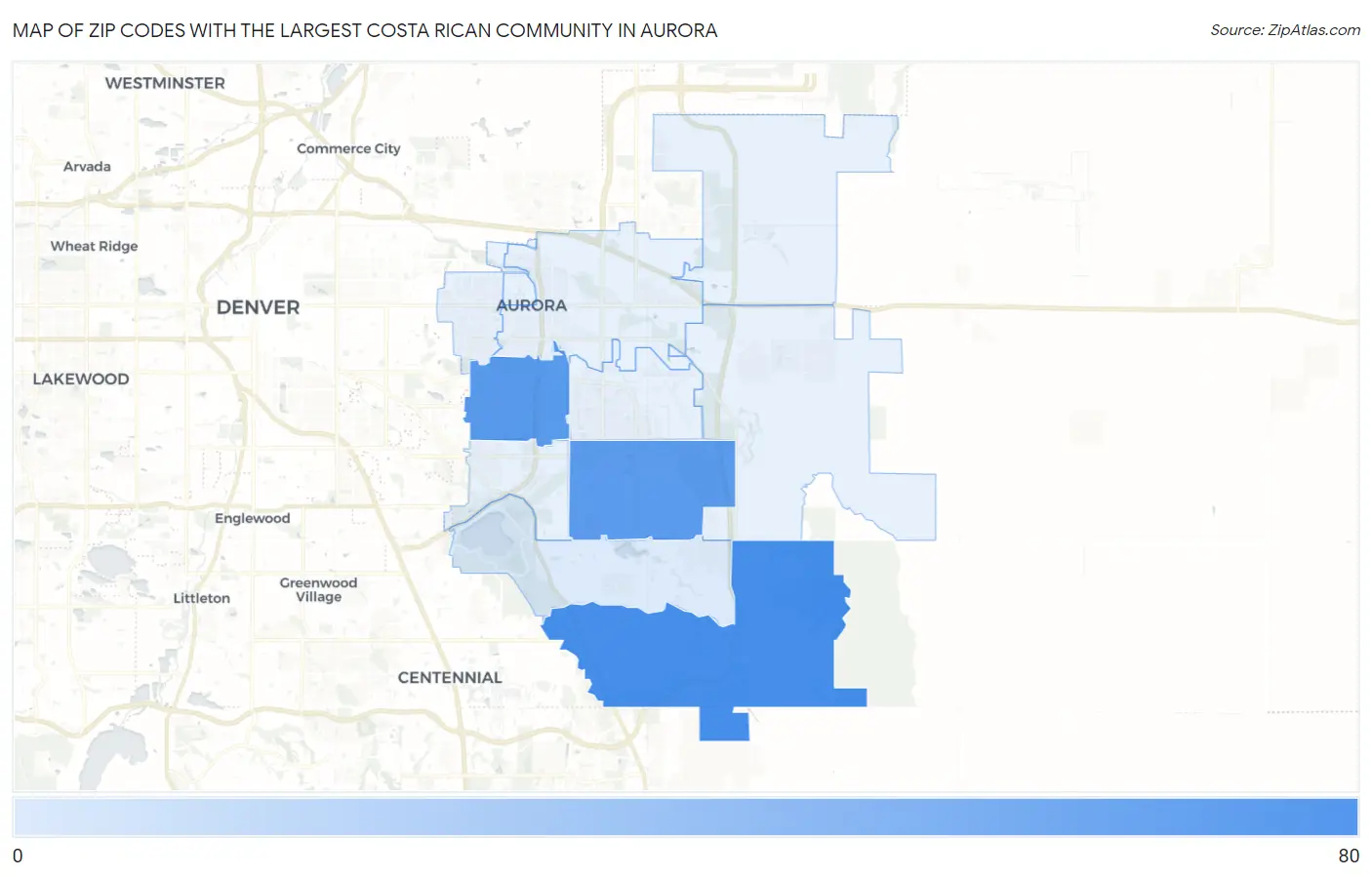 Zip Codes with the Largest Costa Rican Community in Aurora Map