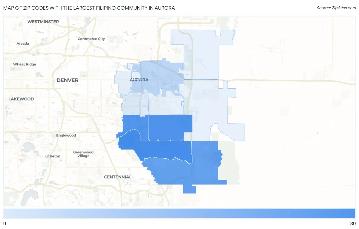 Zip Codes with the Largest Filipino Community in Aurora Map