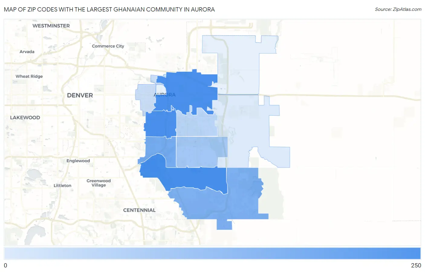 Zip Codes with the Largest Ghanaian Community in Aurora Map