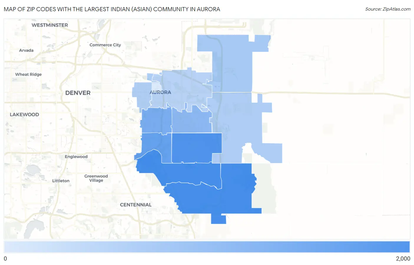 Zip Codes with the Largest Indian (Asian) Community in Aurora Map