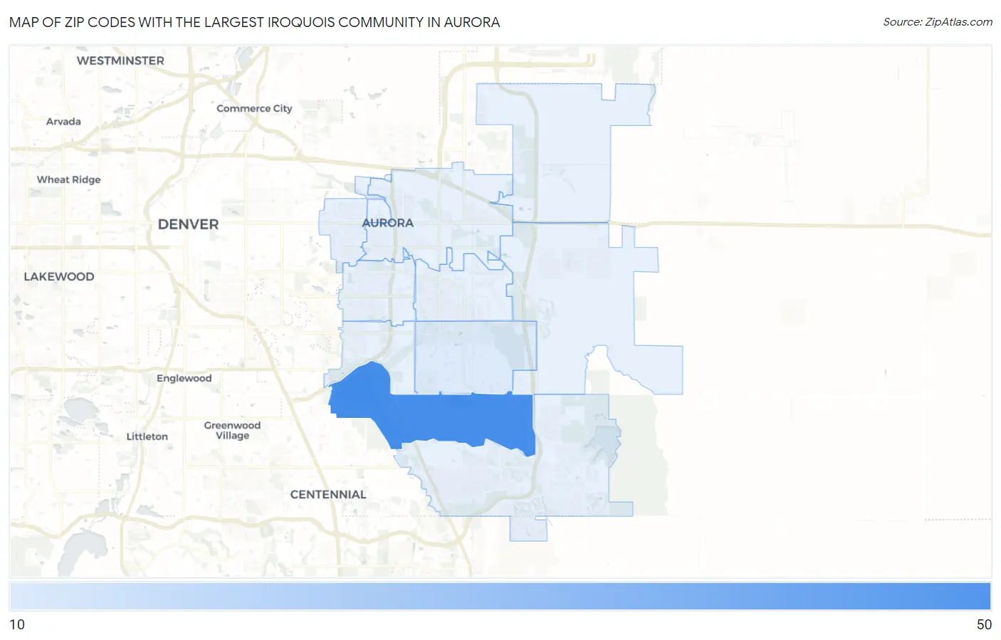 Zip Codes with the Largest Iroquois Community in Aurora Map