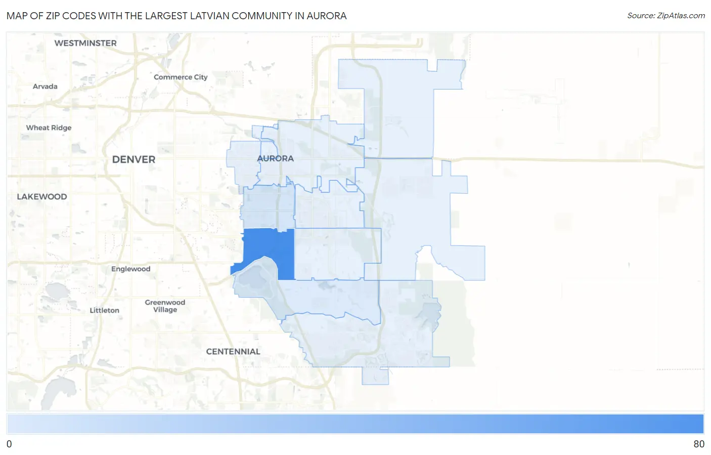 Zip Codes with the Largest Latvian Community in Aurora Map