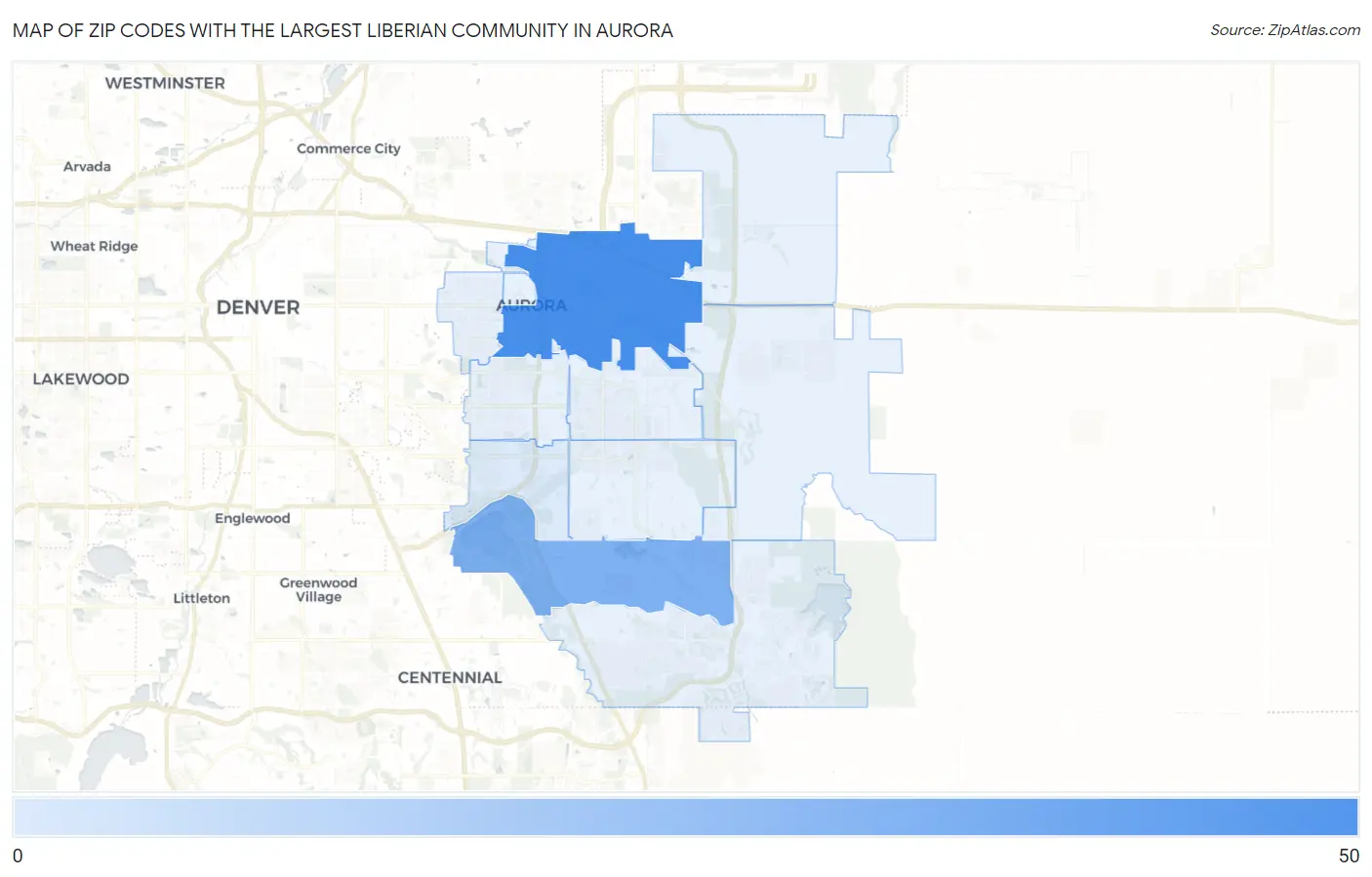 Zip Codes with the Largest Liberian Community in Aurora Map