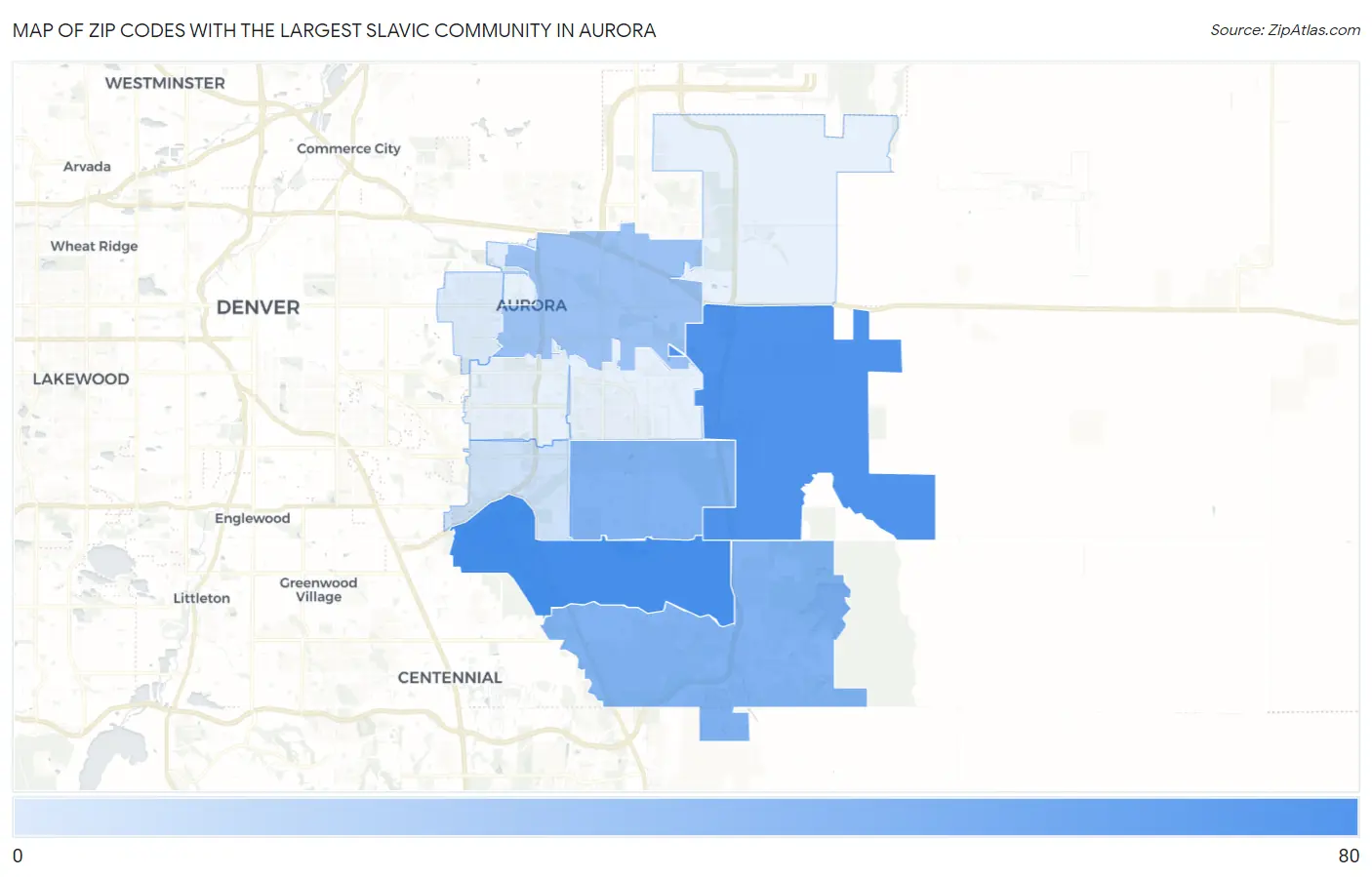 Zip Codes with the Largest Slavic Community in Aurora Map