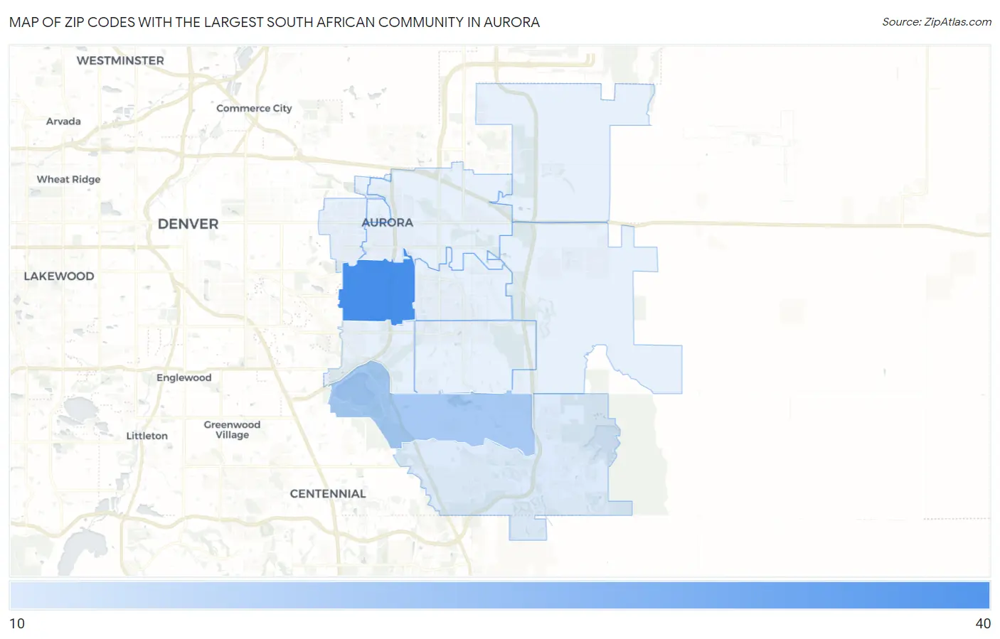 Zip Codes with the Largest South African Community in Aurora Map