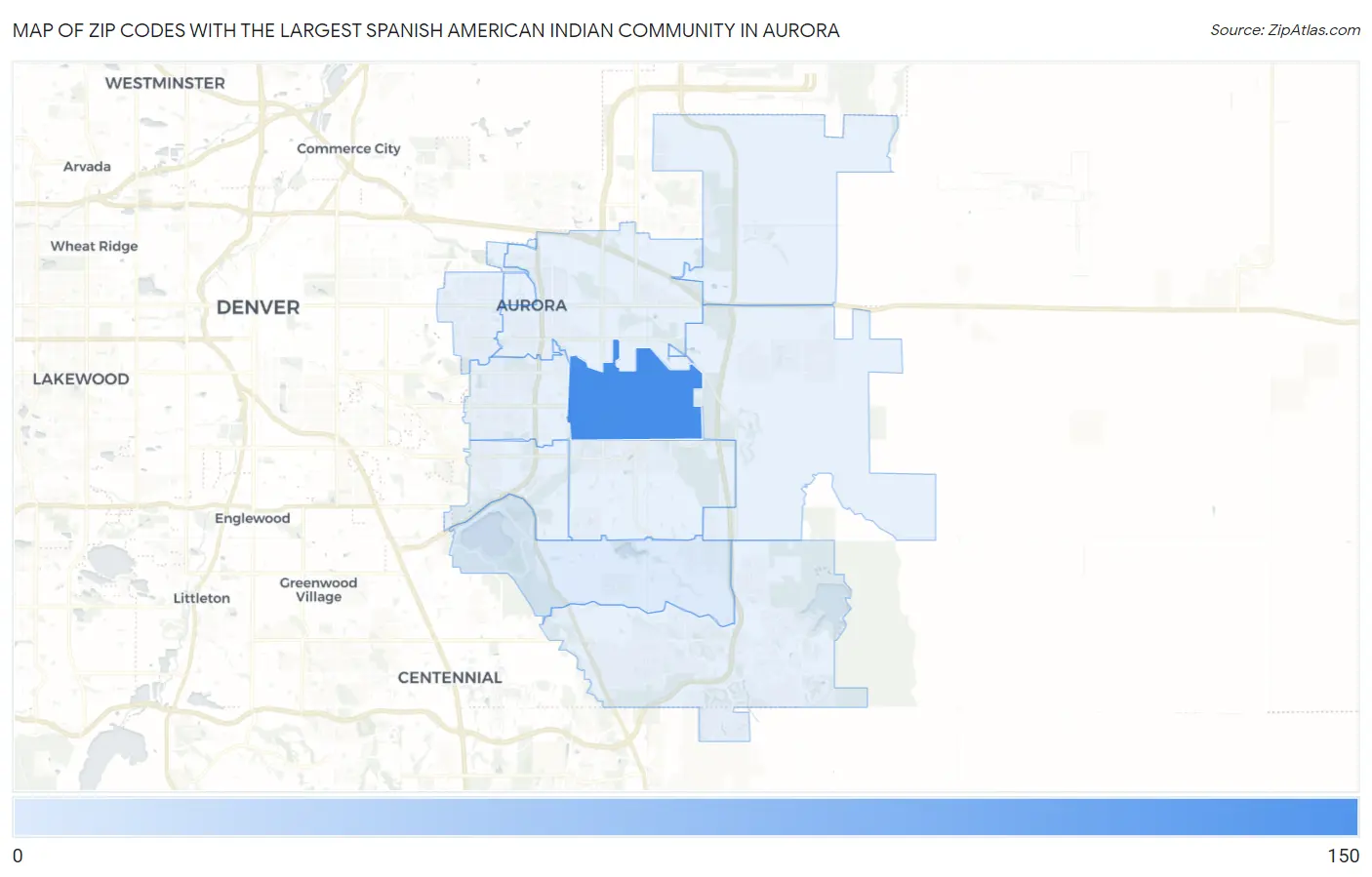 Zip Codes with the Largest Spanish American Indian Community in Aurora Map