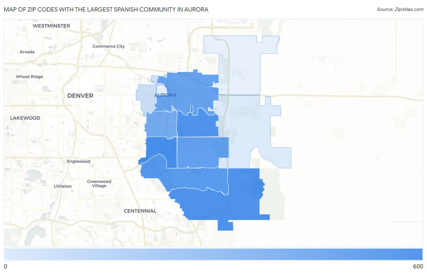 Zip Codes with the Largest Spanish Community in Aurora Map