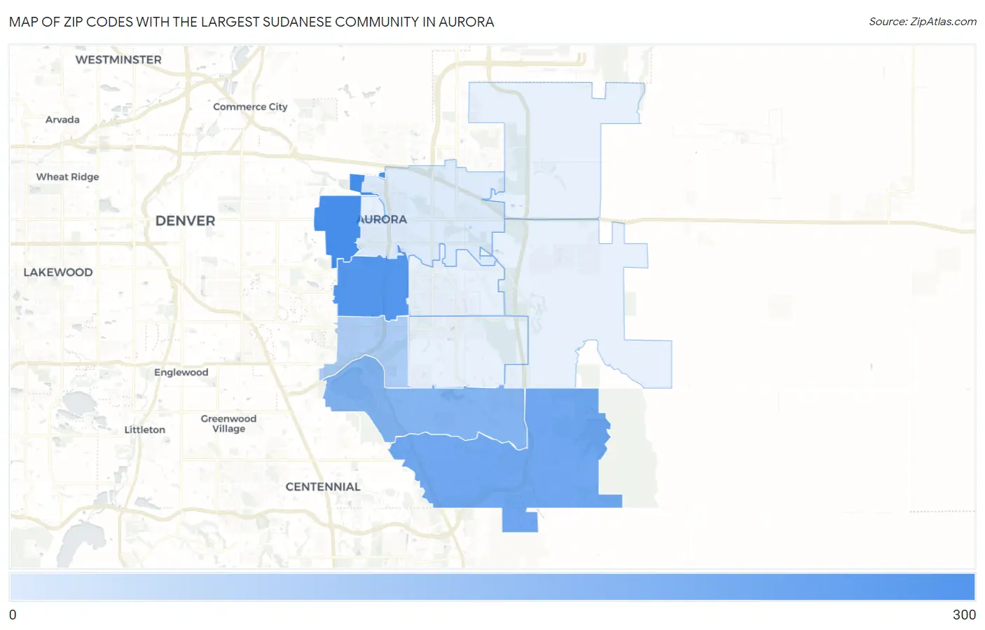 Zip Codes with the Largest Sudanese Community in Aurora Map