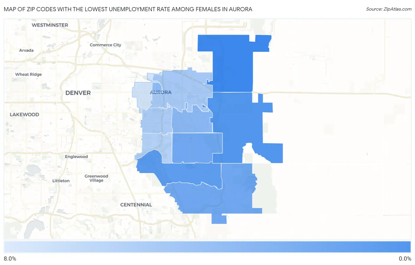 Zip Codes with the Lowest Unemployment Rate Among Females in Aurora Map