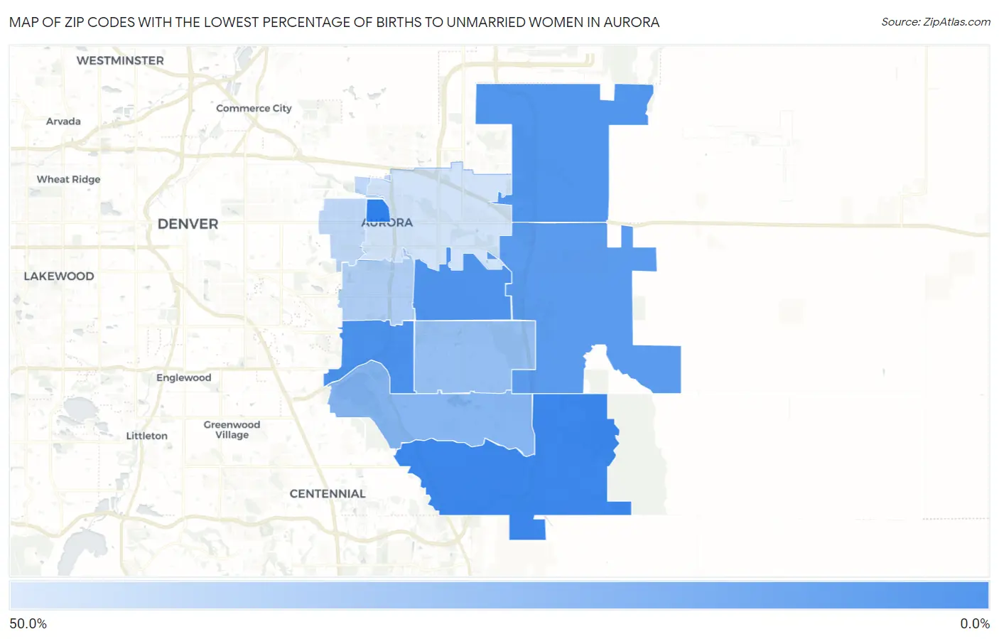 Zip Codes with the Lowest Percentage of Births to Unmarried Women in Aurora Map