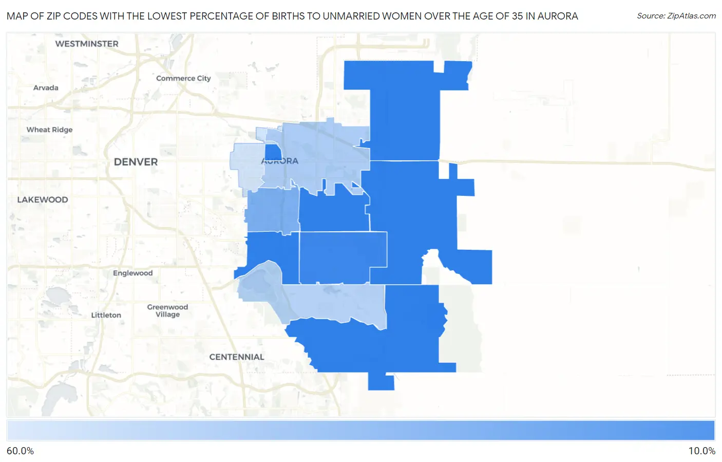 Zip Codes with the Lowest Percentage of Births to Unmarried Women over the Age of 35 in Aurora Map