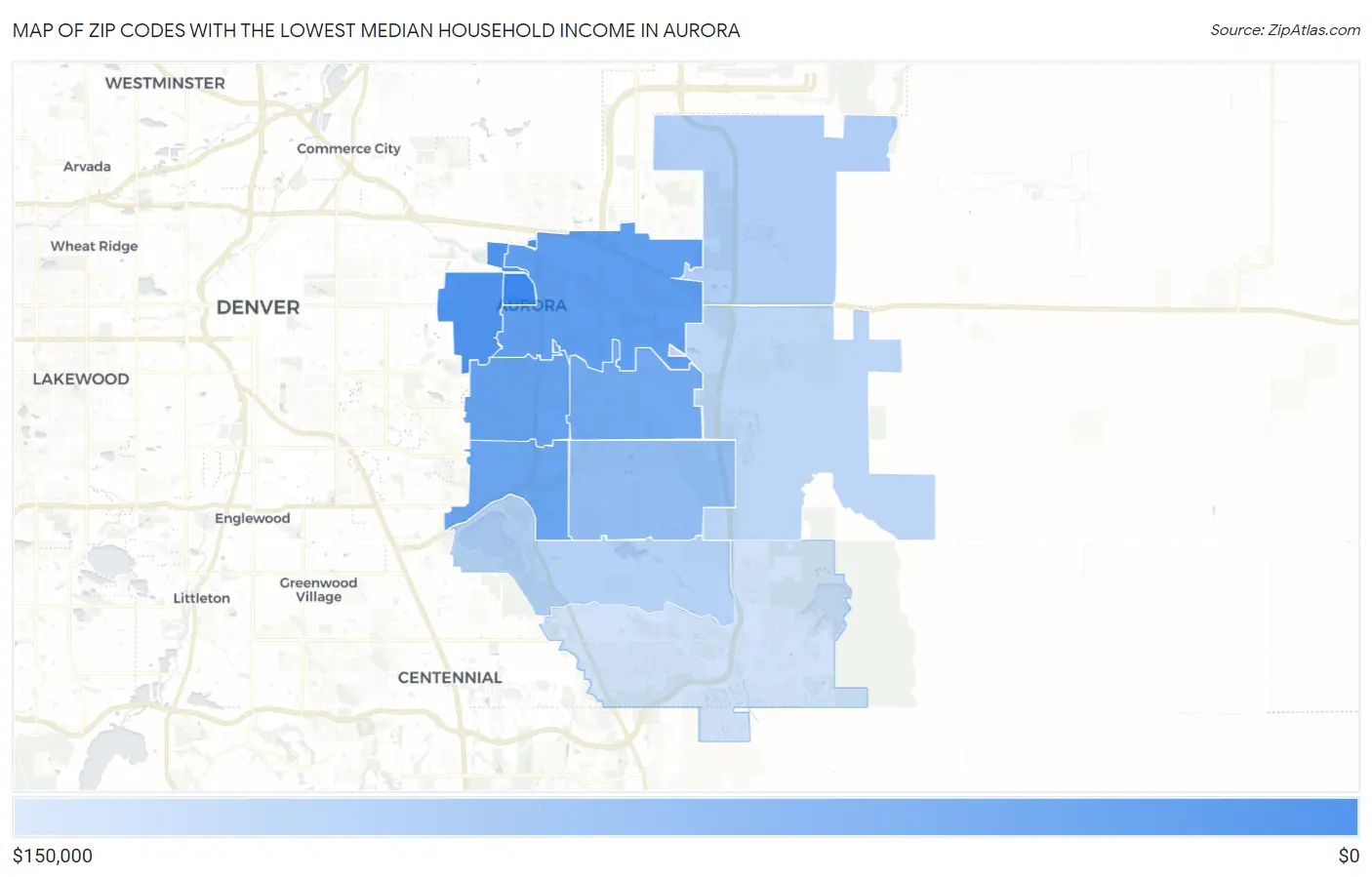 Zip Codes with the Lowest Median Household Income in Aurora Map