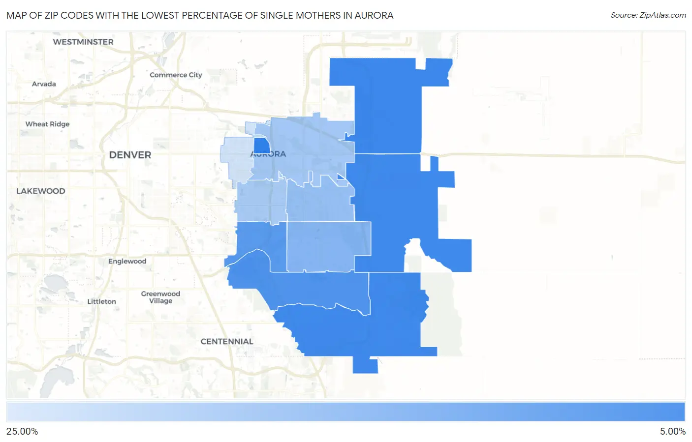 Zip Codes with the Lowest Percentage of Single Mothers in Aurora Map