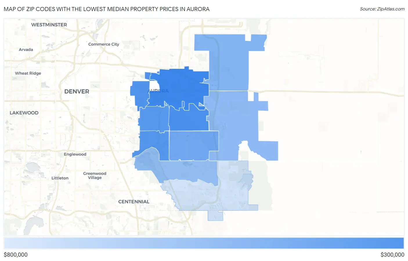 Zip Codes with the Lowest Median Property Prices in Aurora Map