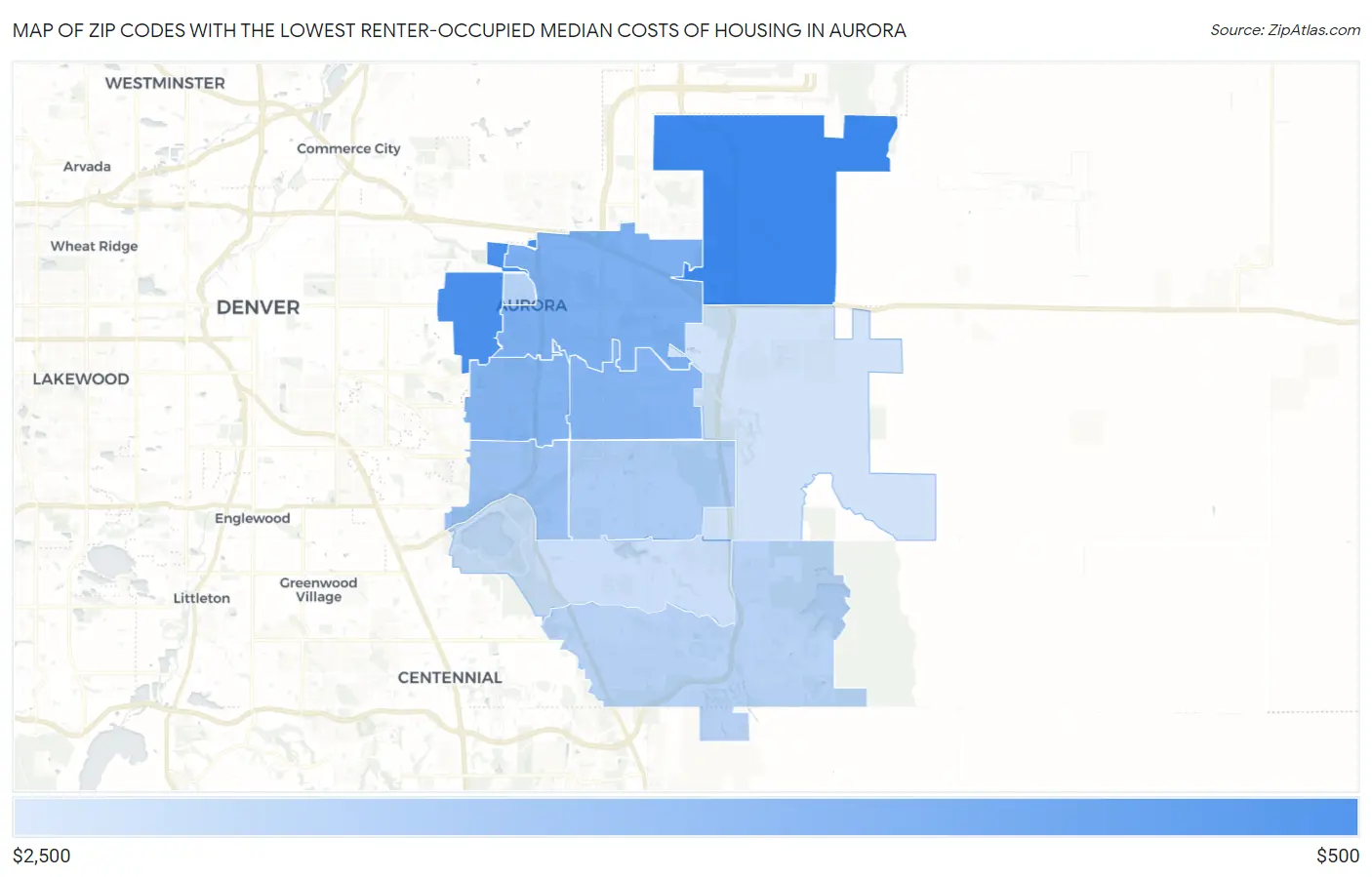 Zip Codes with the Lowest Renter-Occupied Median Costs of Housing in Aurora Map