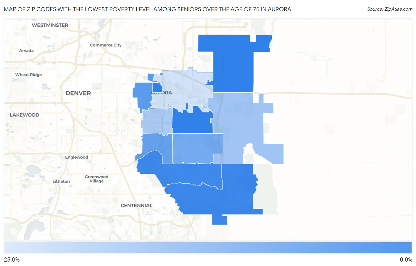 Zip Codes with the Lowest Poverty Level Among Seniors Over the Age of 75 in Aurora Map