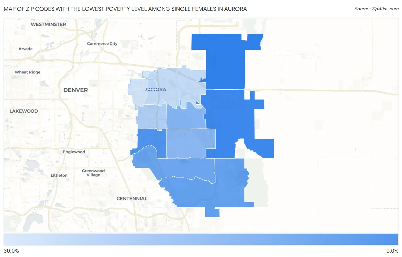 Zip Codes with the Lowest Poverty Level Among Single Females in Aurora Map