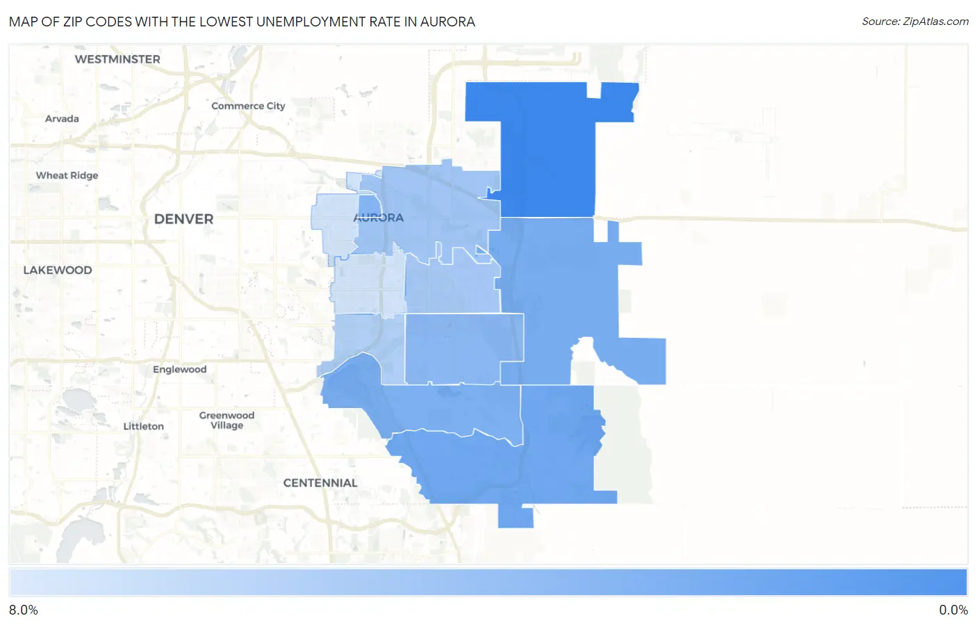 Zip Codes with the Lowest Unemployment Rate in Aurora Map