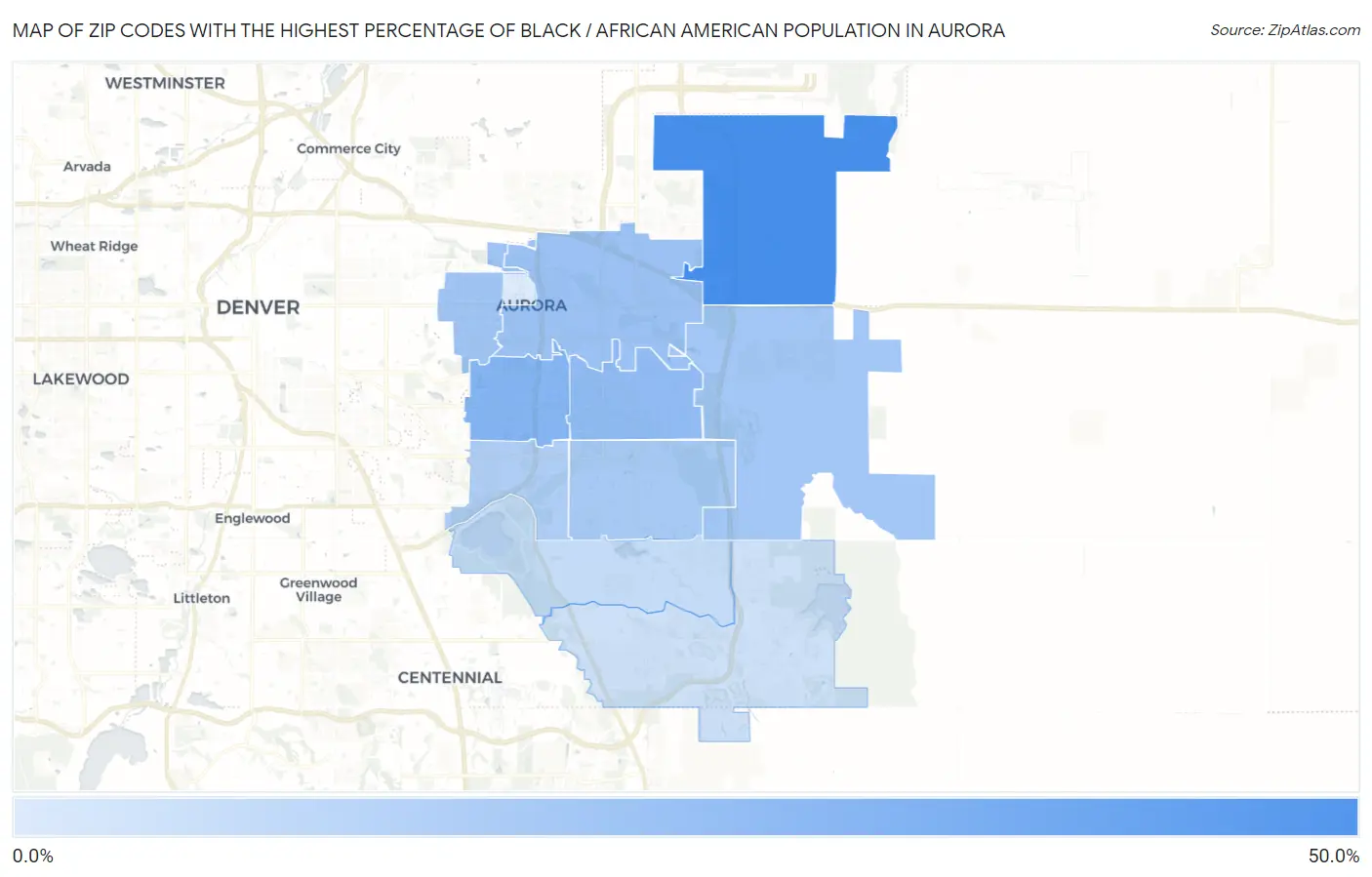 Zip Codes with the Highest Percentage of Black / African American Population in Aurora Map