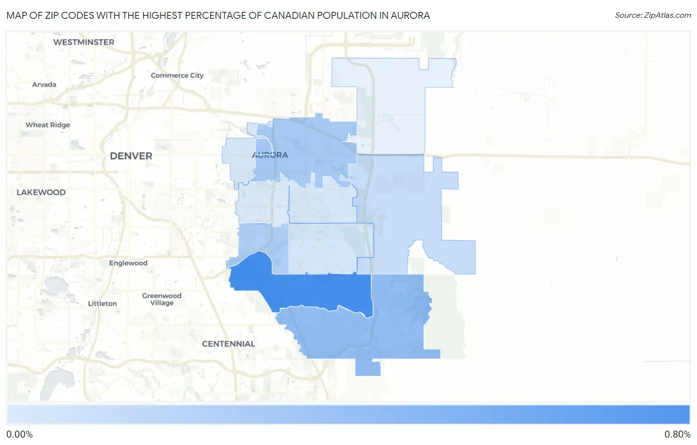 Zip Codes with the Highest Percentage of Canadian Population in Aurora Map