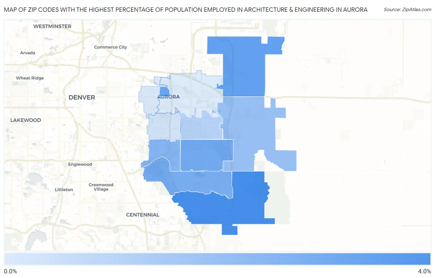 Zip Codes with the Highest Percentage of Population Employed in Architecture & Engineering in Aurora Map
