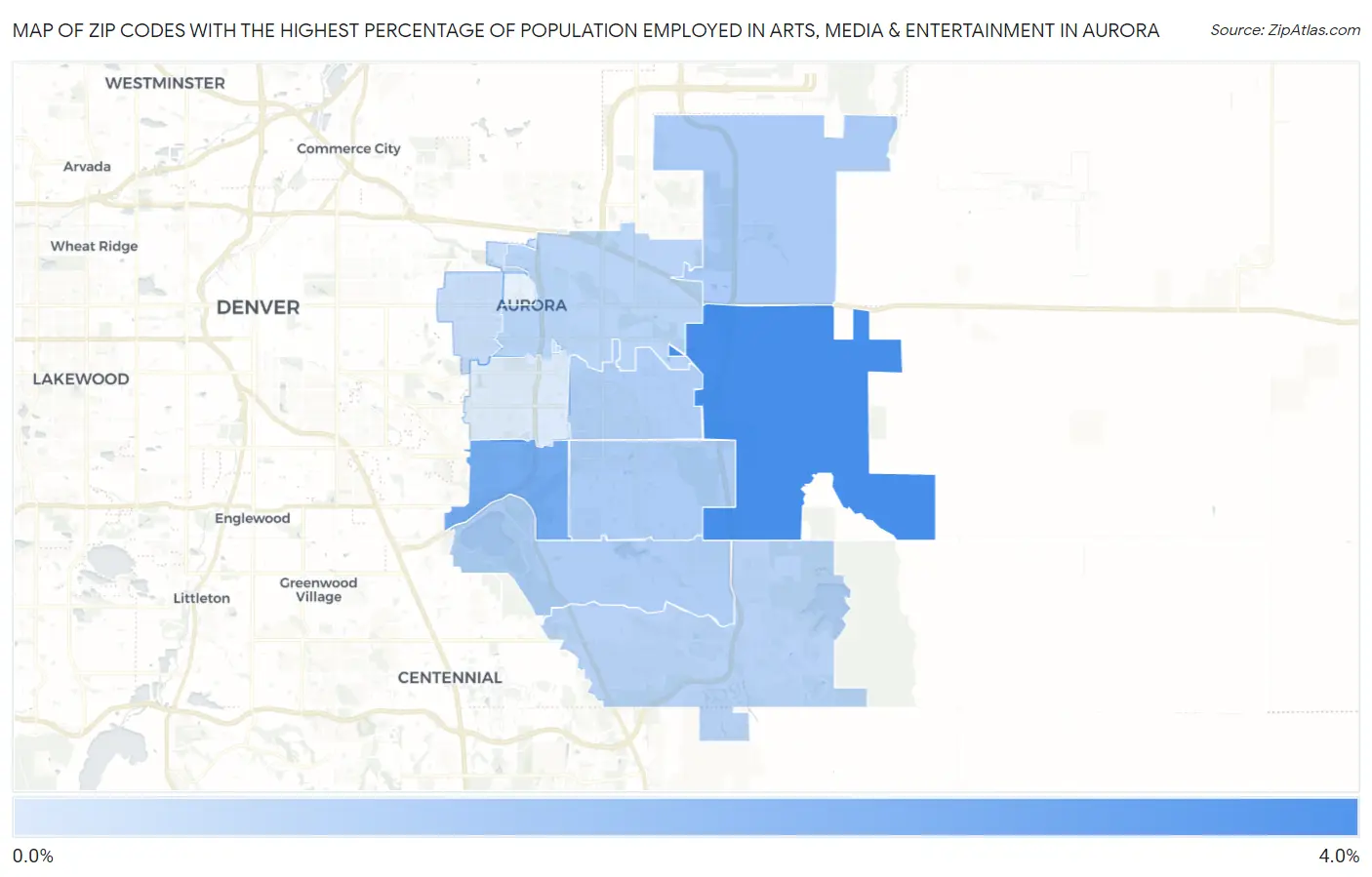 Zip Codes with the Highest Percentage of Population Employed in Arts, Media & Entertainment in Aurora Map