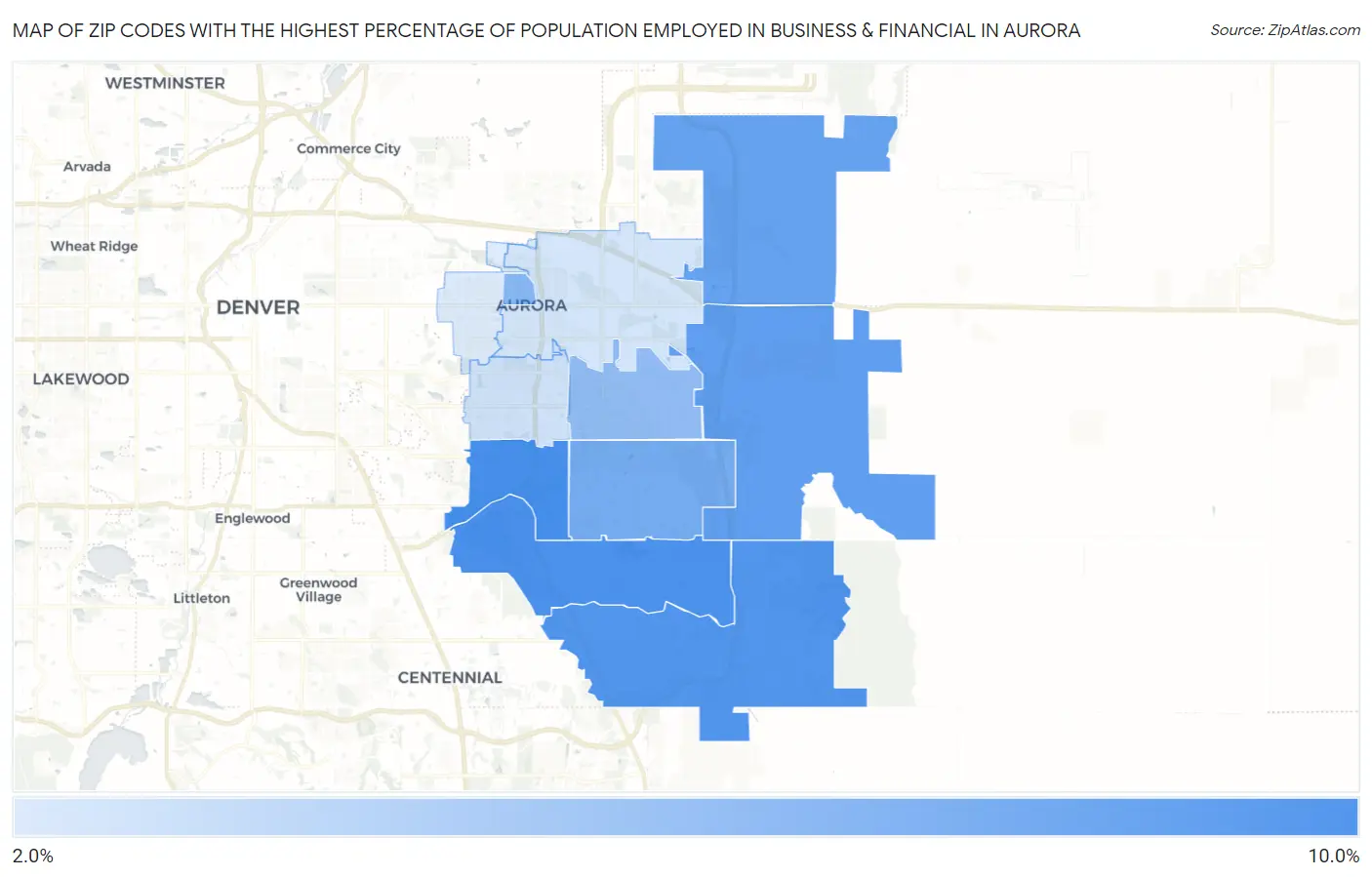Zip Codes with the Highest Percentage of Population Employed in Business & Financial in Aurora Map