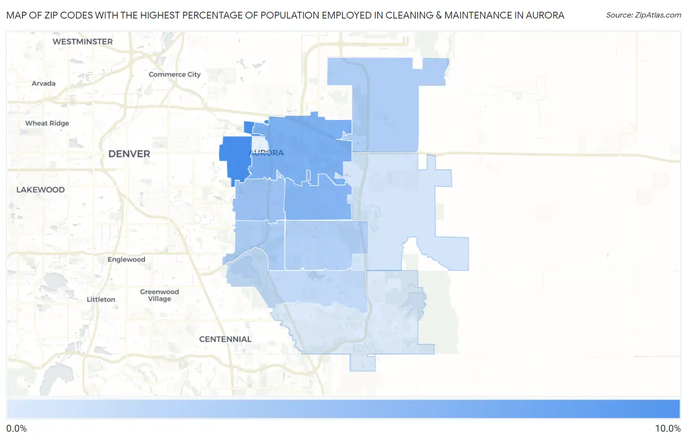Zip Codes with the Highest Percentage of Population Employed in Cleaning & Maintenance in Aurora Map