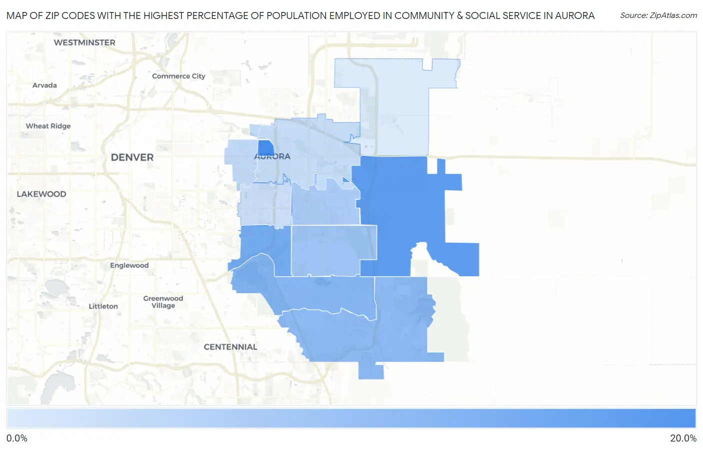 Zip Codes with the Highest Percentage of Population Employed in Community & Social Service  in Aurora Map