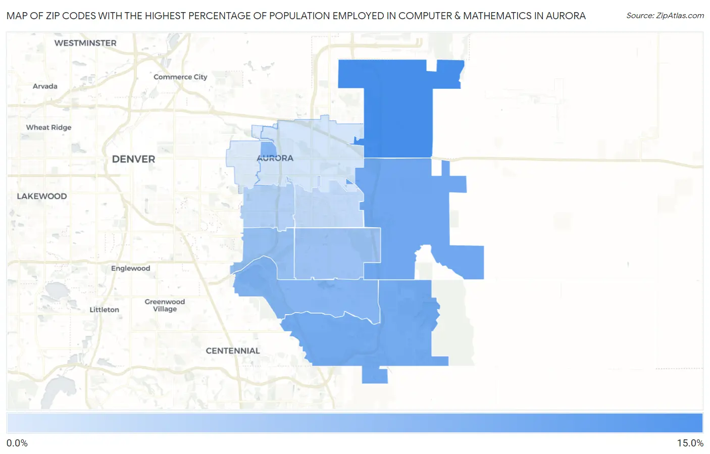Zip Codes with the Highest Percentage of Population Employed in Computer & Mathematics in Aurora Map