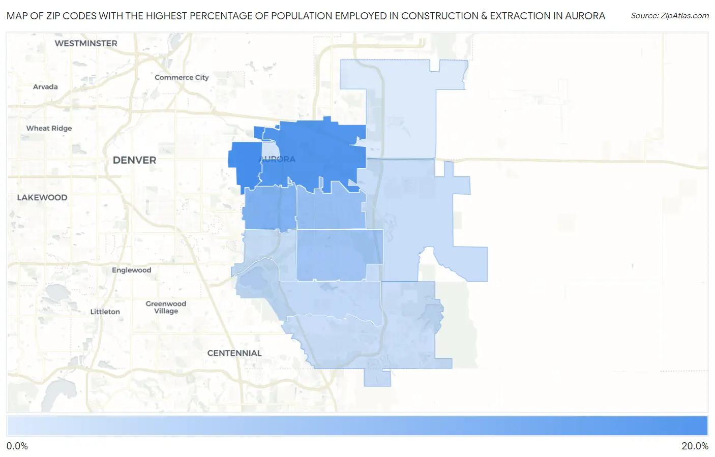 Zip Codes with the Highest Percentage of Population Employed in Construction & Extraction in Aurora Map