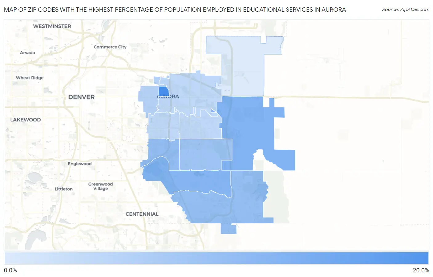 Zip Codes with the Highest Percentage of Population Employed in Educational Services in Aurora Map