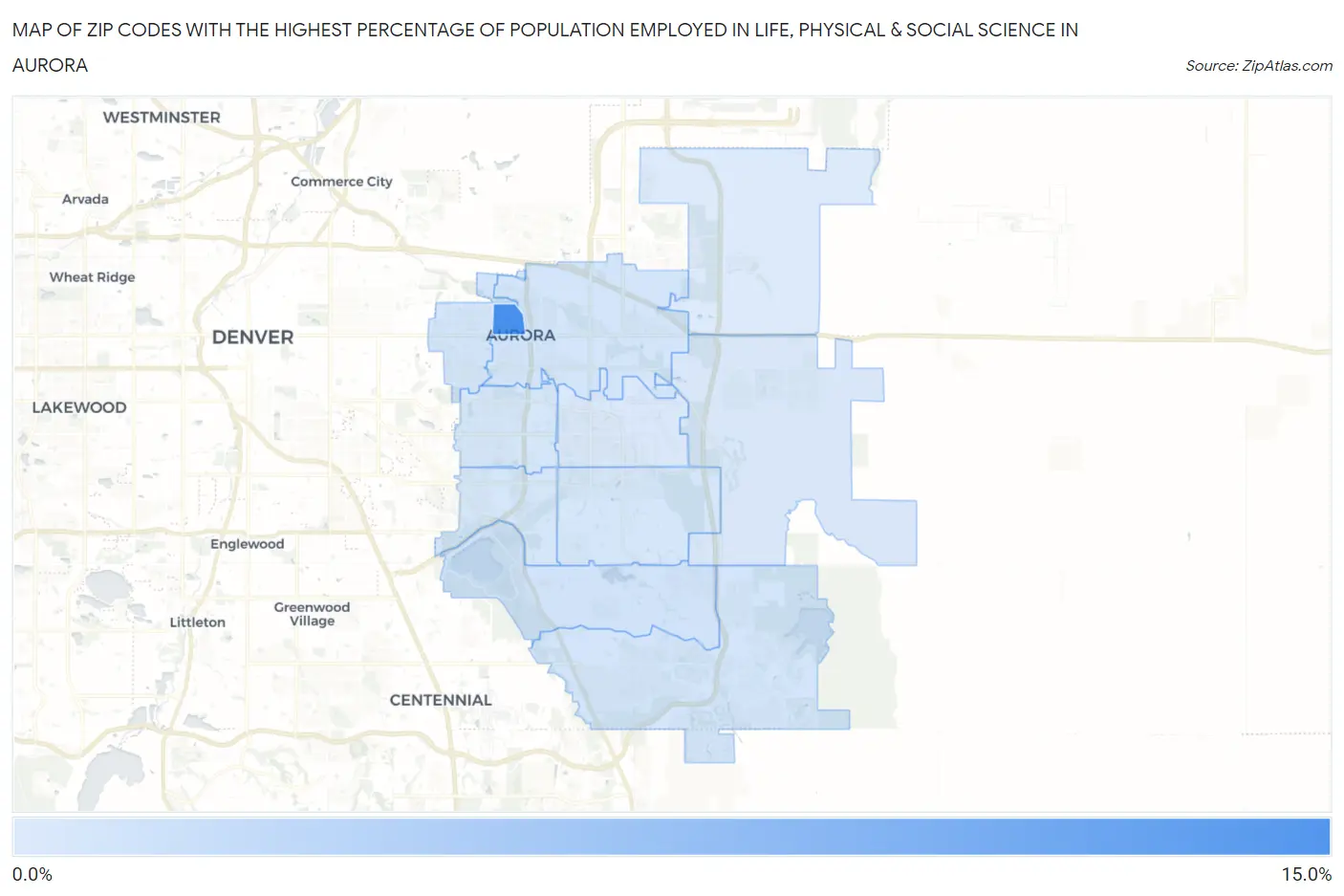 Zip Codes with the Highest Percentage of Population Employed in Life, Physical & Social Science in Aurora Map