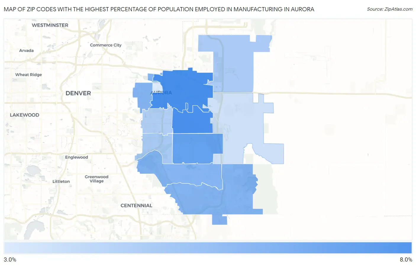 Zip Codes with the Highest Percentage of Population Employed in Manufacturing in Aurora Map